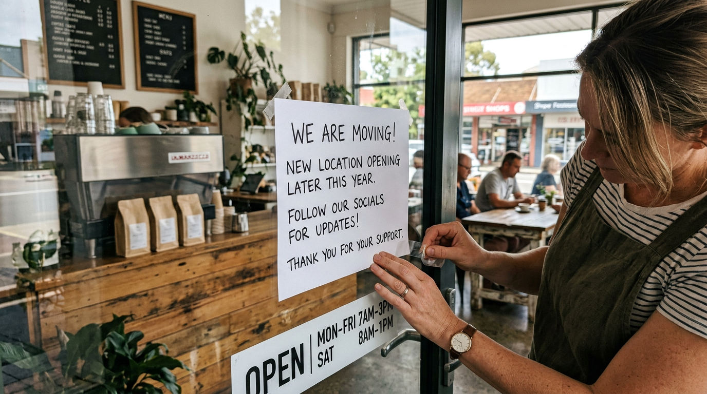 Café owner displaying a business relocation announcement sign in Australia