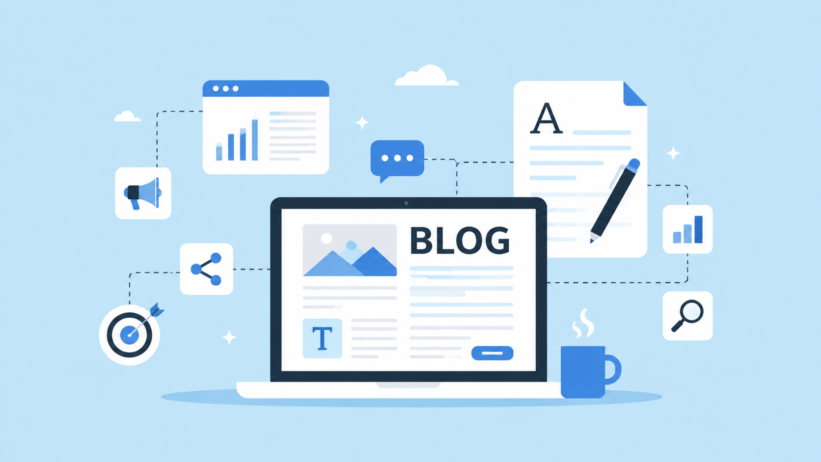 Illustration of a laptop displaying a blog post surrounded by content marketing icons