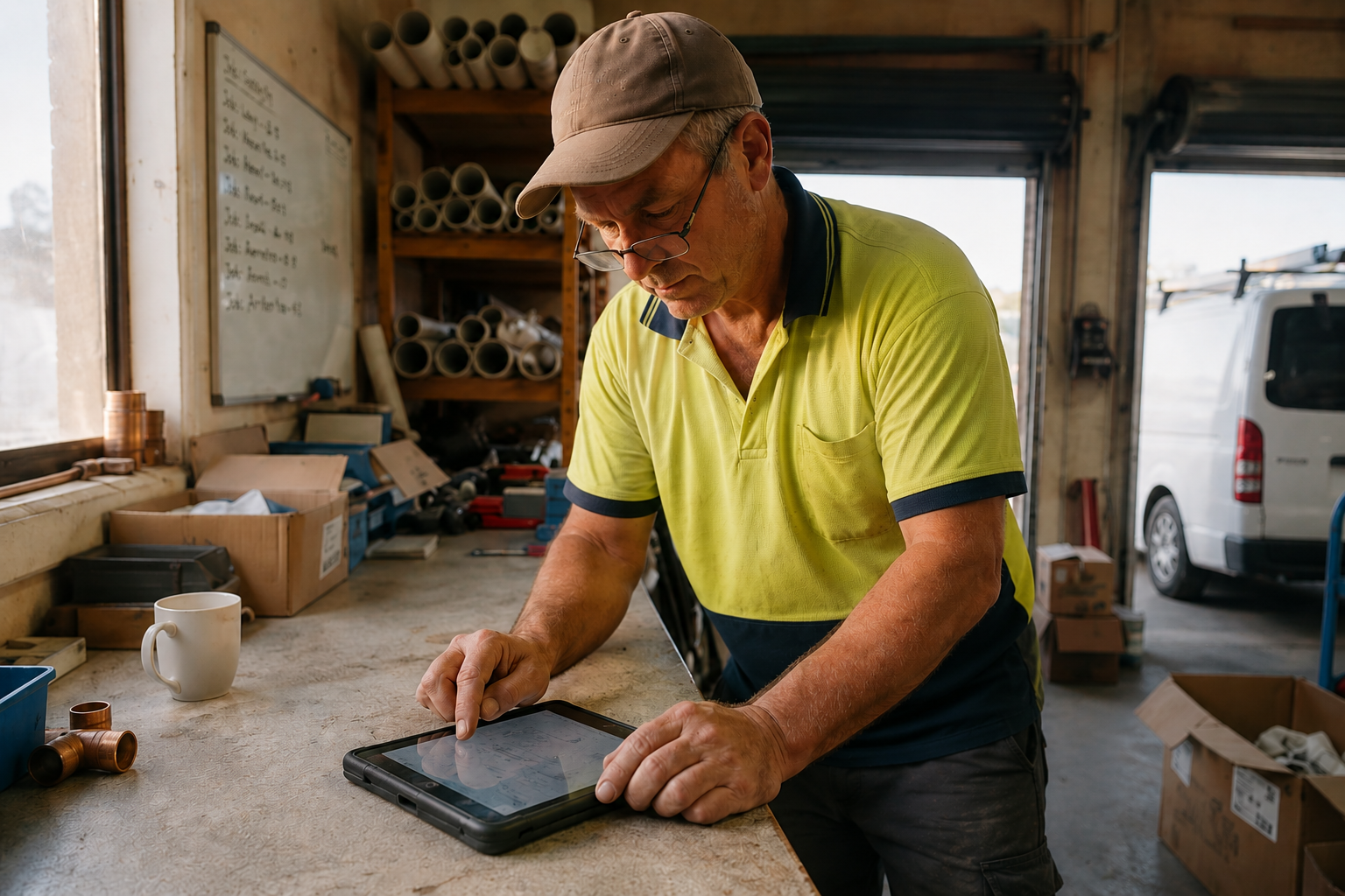 Australian tradie reviewing a customer job list on a tablet
