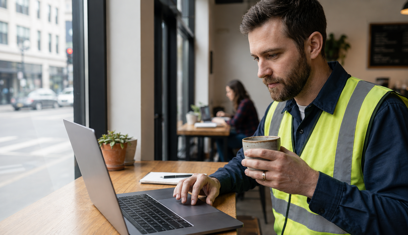 Australian small business owner reviewing AI-generated website content on a laptop