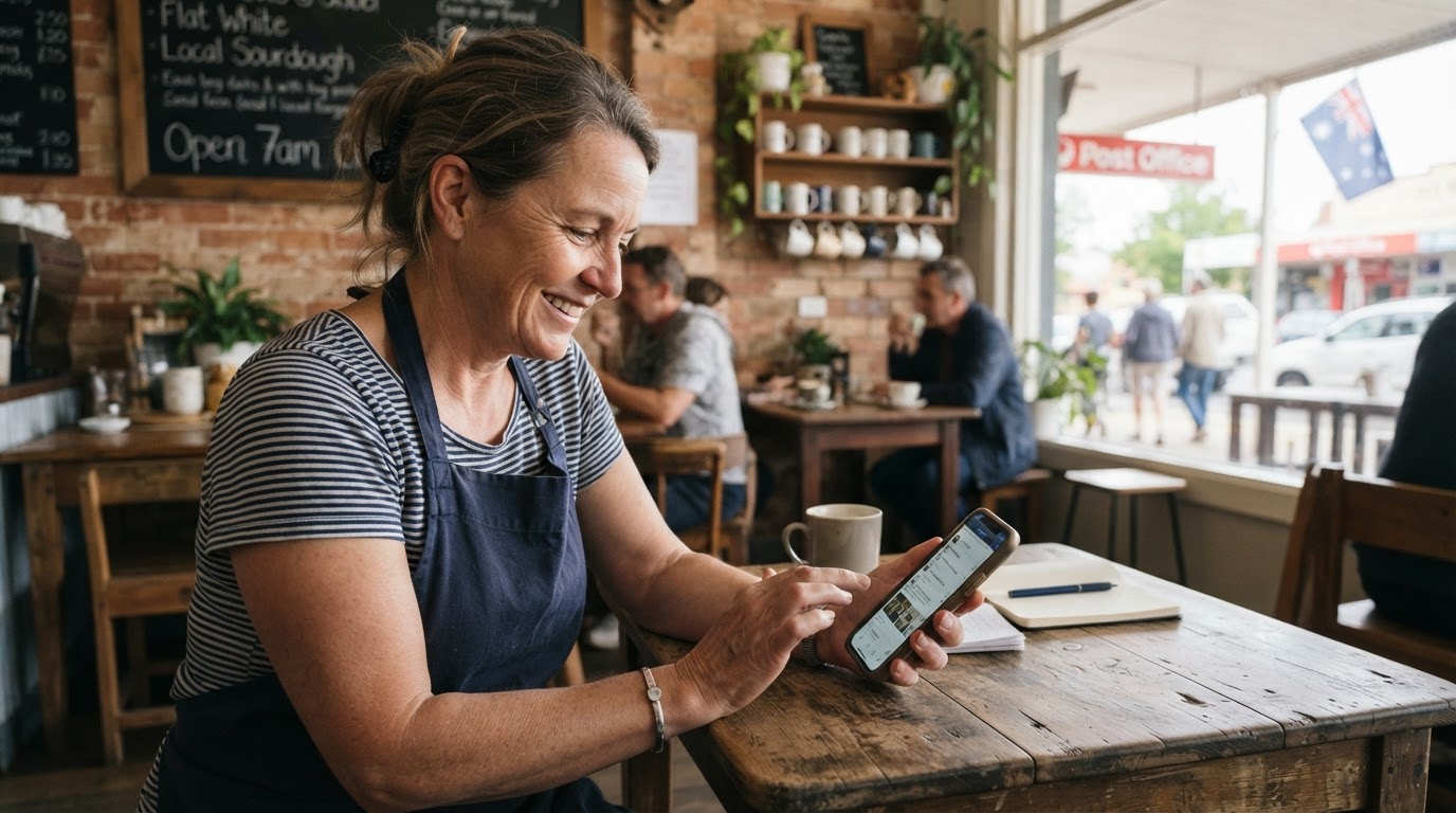 A cafe owner looking at their Facebook feed on their phone in a cafe in Australia. 