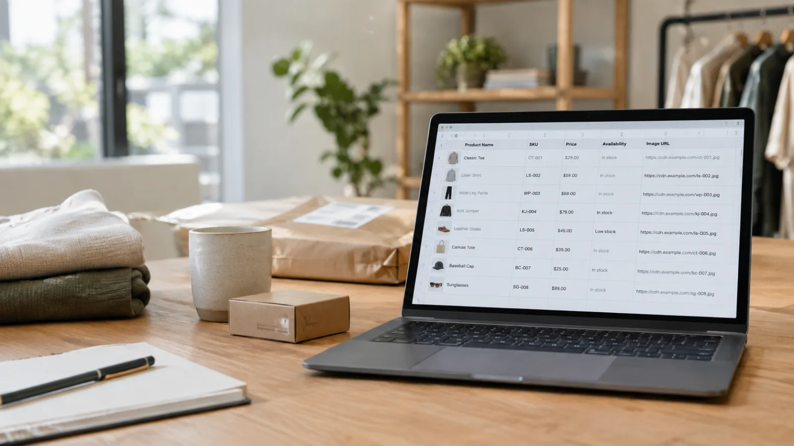 Laptop displaying a product feed spreadsheet for an online retail business.