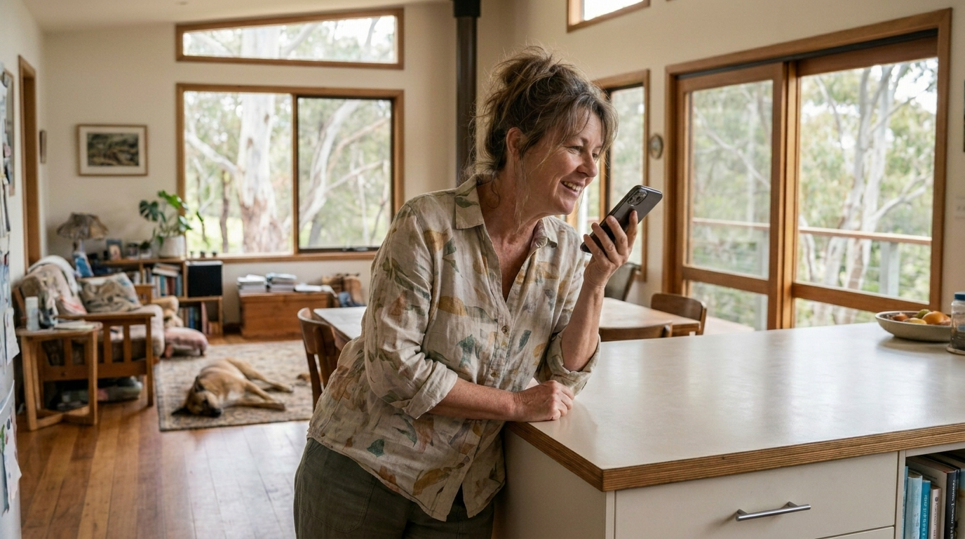 Australian local business owner checking a Google Business Profile on a phone for voice search