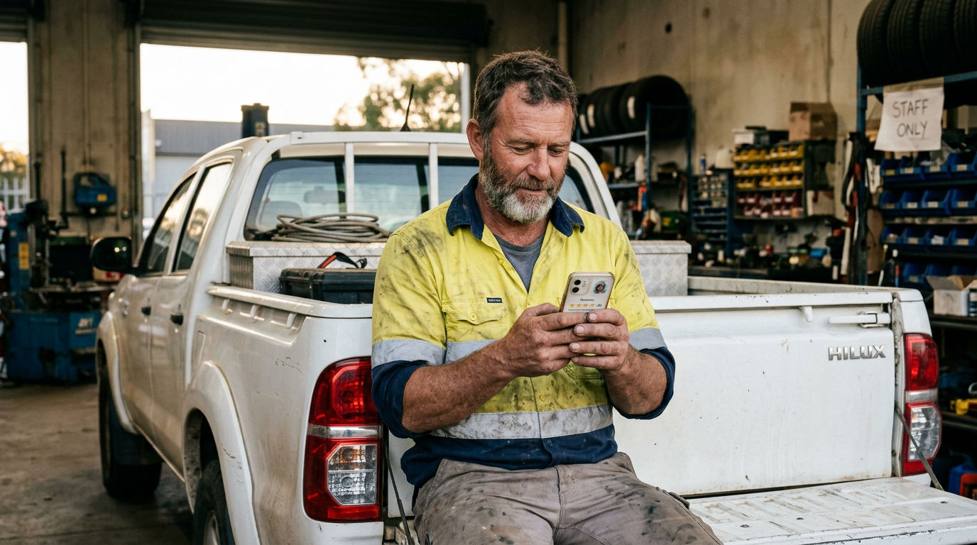 A business owner checking their Google reviews on their phone in a workshop in Regional Australia. 