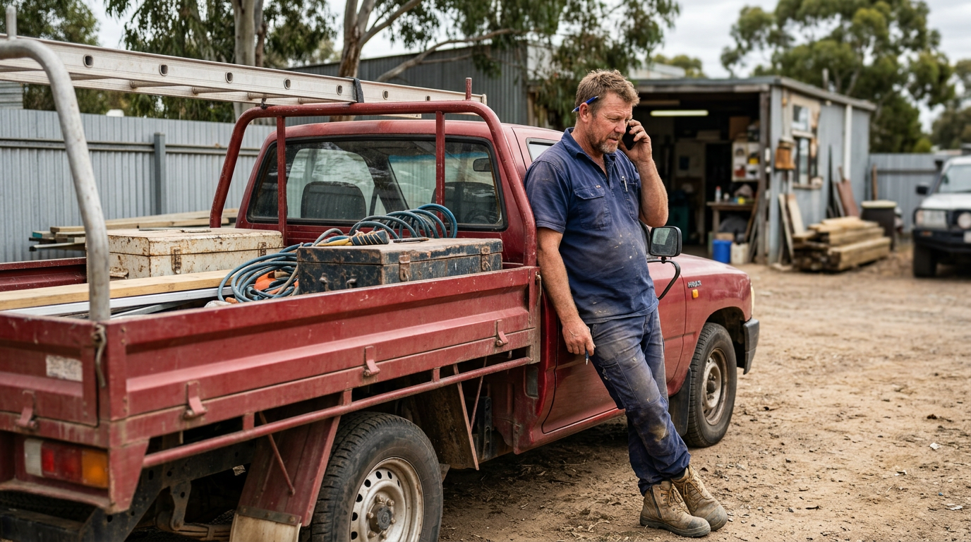 Small business owner leaning against a ute on the phone about a quote 