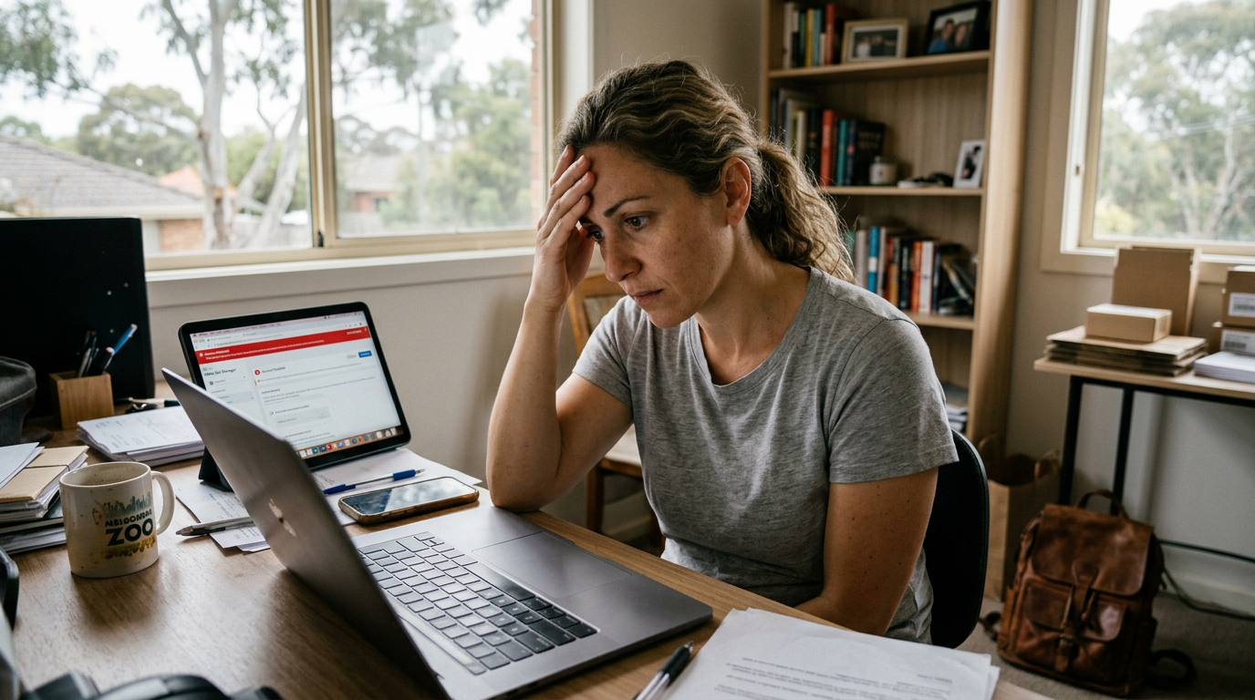 Business owner checking Meta Business Suite security settings on a laptop looking concerned