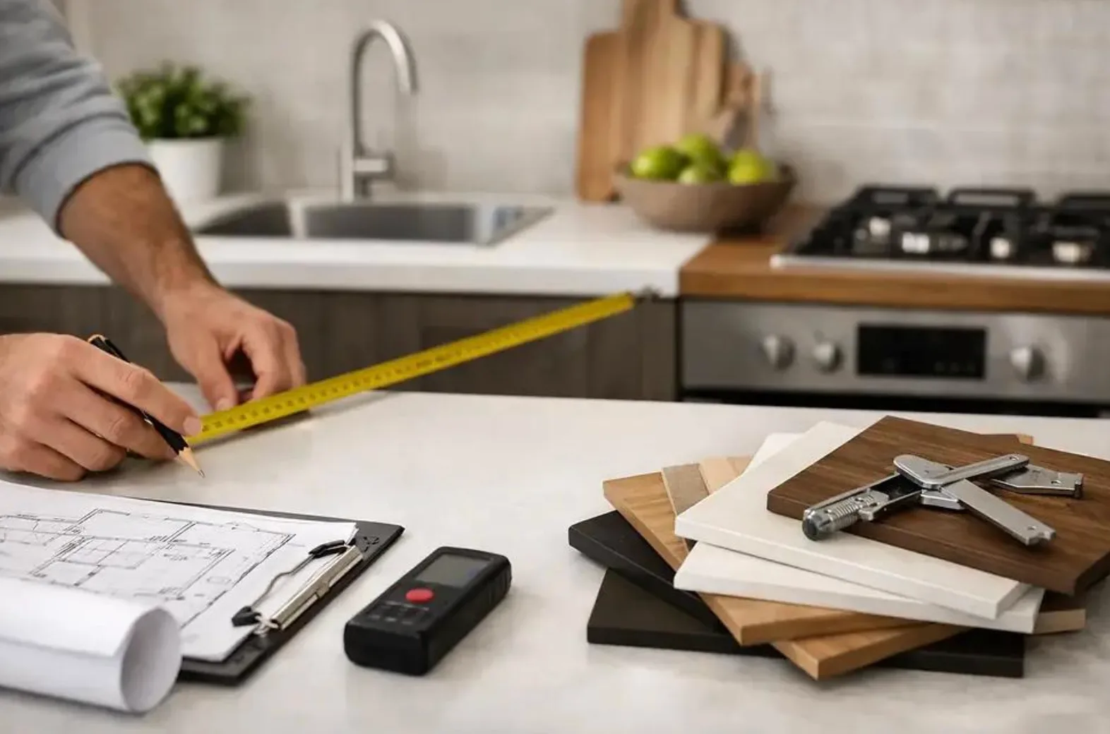 Tradie measuring a kitchen renovation with plans and materials on a worktop
