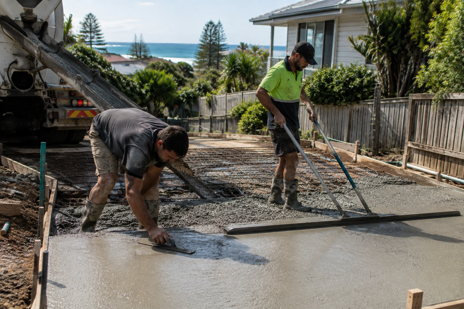 Two tradies finishing a concrete driveway pour at a coastal residential property in Australia