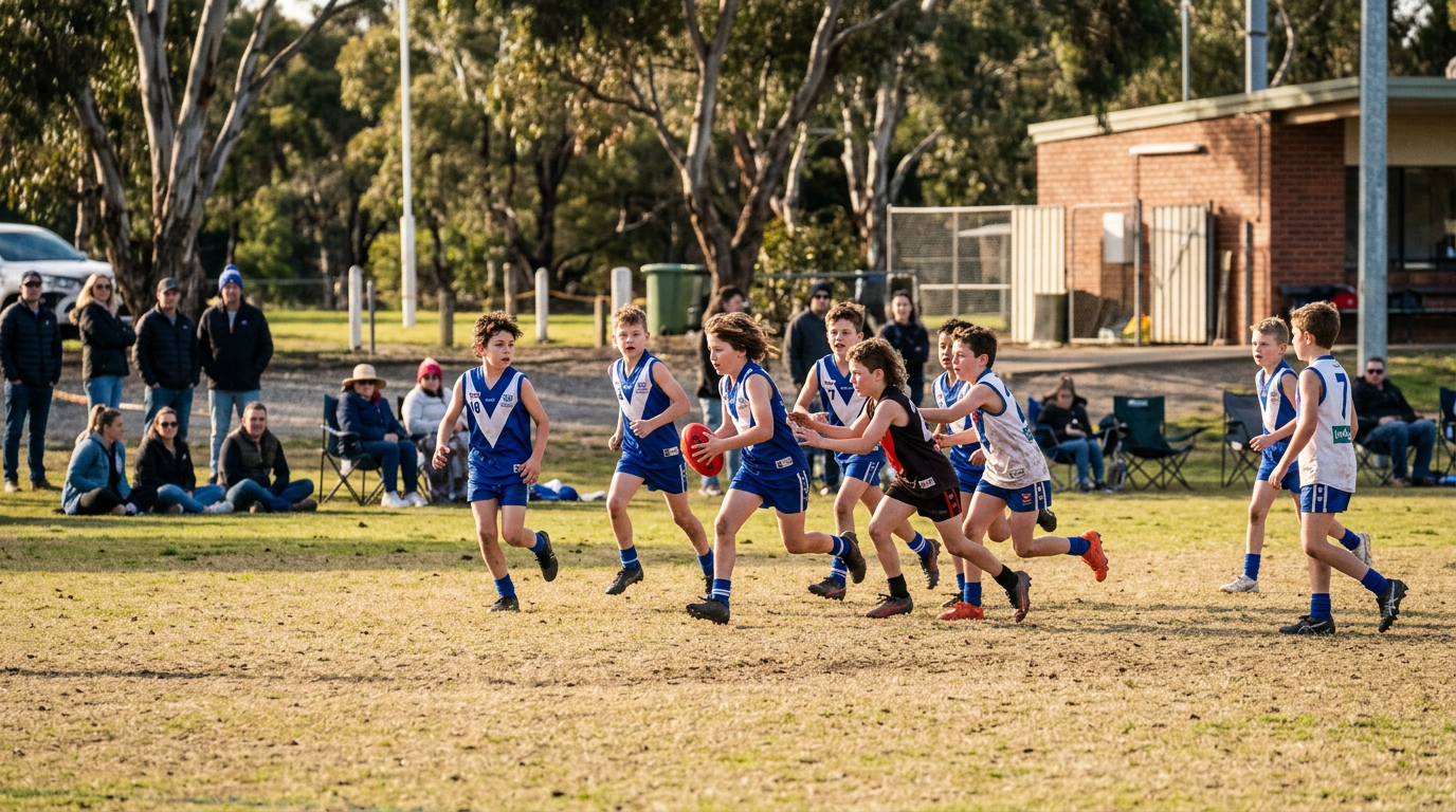 Junior footy players in sponsor-branded jerseys