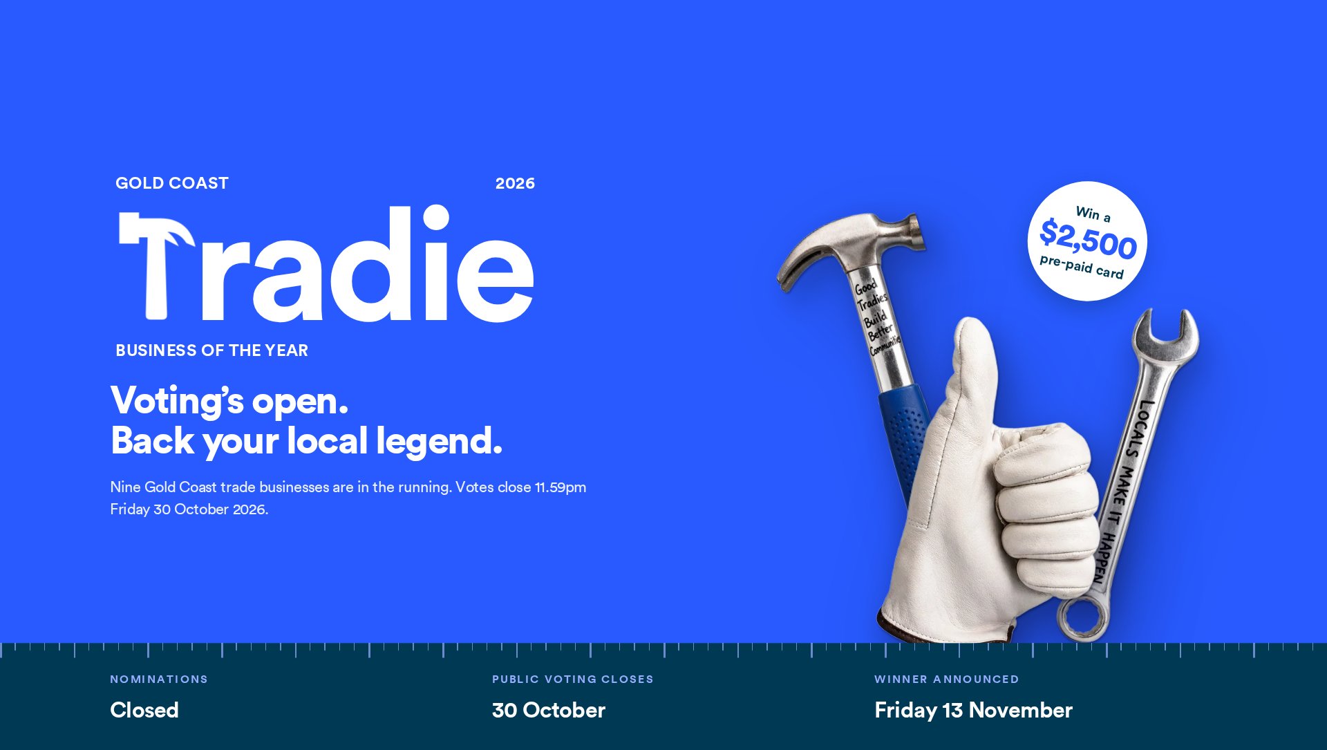 Gold Coast Tradie Business of the Year 2026 voting open banner with hammer, spanner and thumbs-up glove