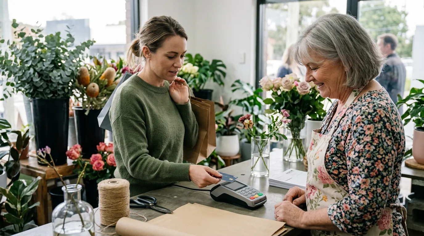 Customer paying using their card in a florist at the checkout with owner in australia