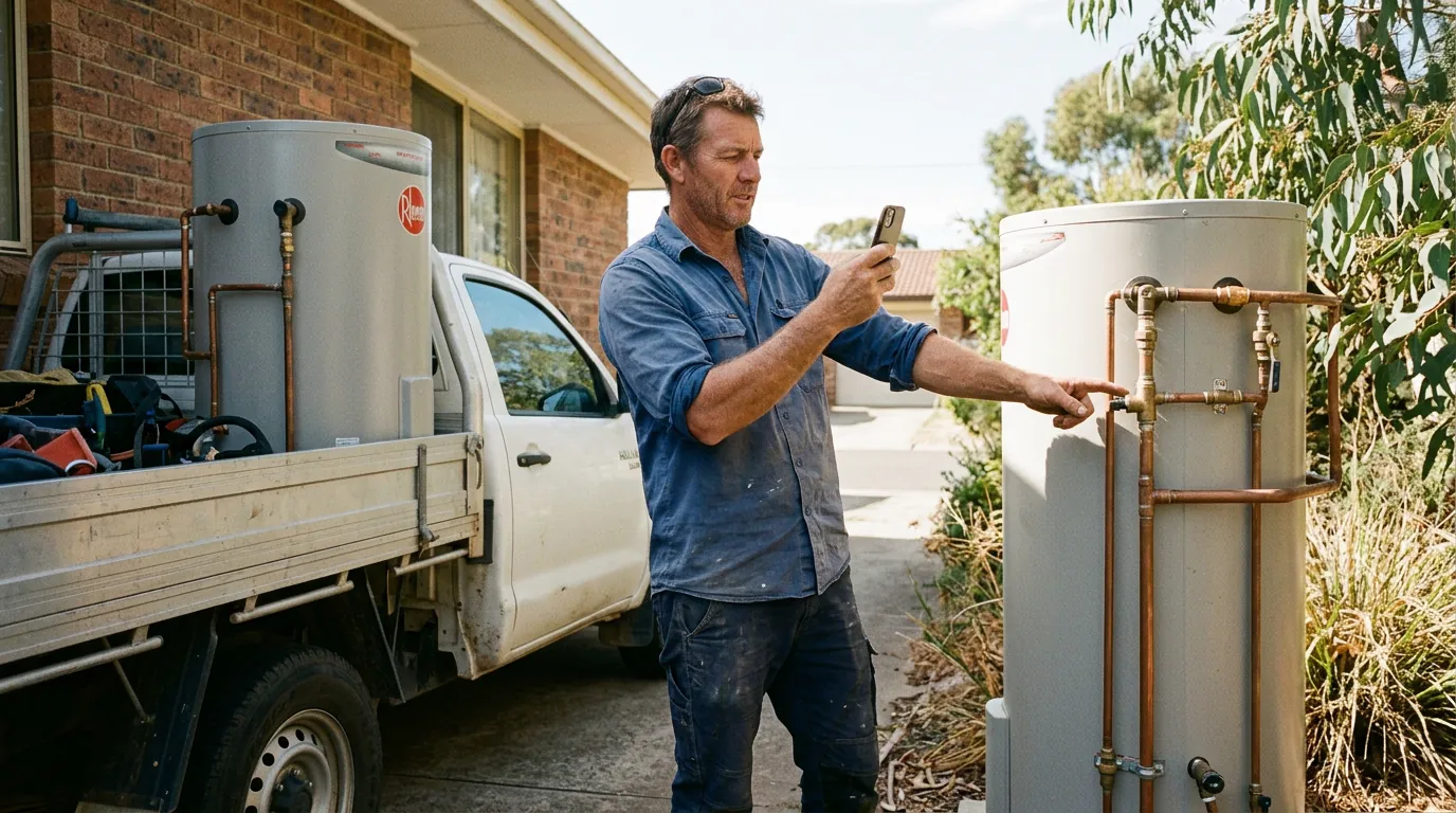 Plumber filming a completed hot-water system installation beside a work ute