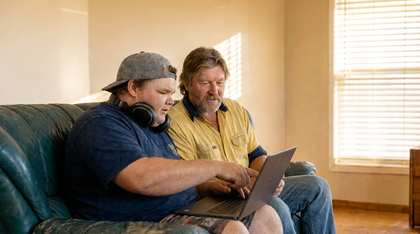 An Australian tradie and his nephew building a website together on a laptop at home