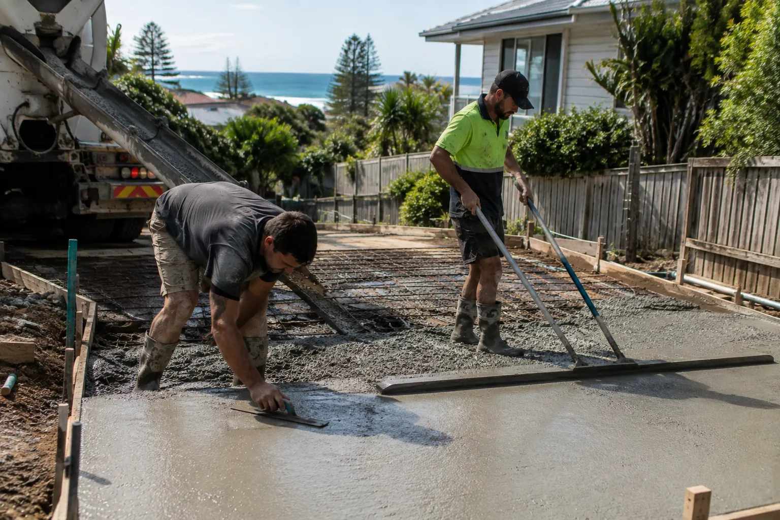 Two tradies finishing a concrete driveway pour at a coastal residential property in Australia