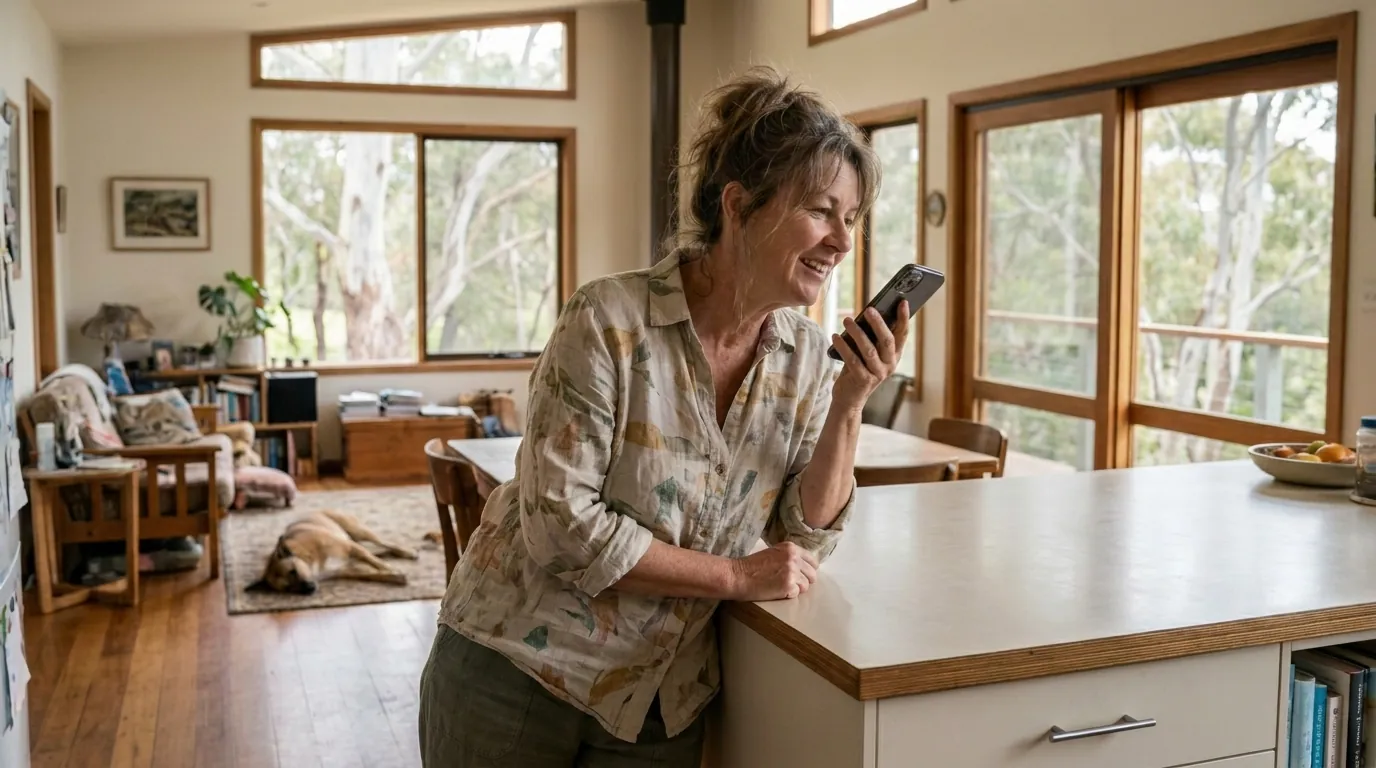 Australian local business owner checking a Google Business Profile on a phone for voice search