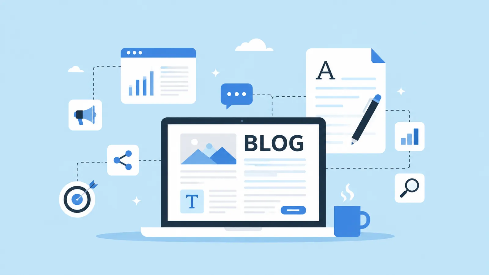 Illustration of a laptop displaying a blog post surrounded by content marketing icons